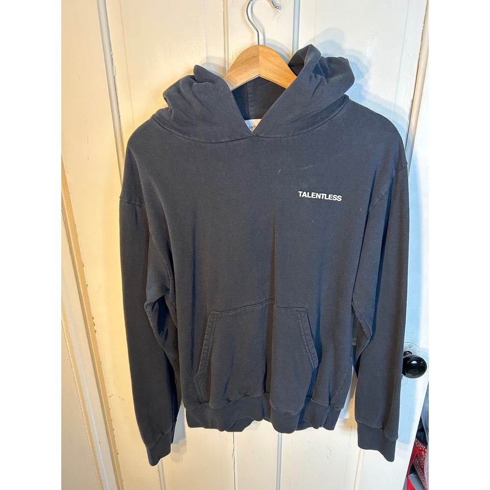 Talentless Mens Premium Cotton Hoodie Washed Black Logo Pullover Sweatshirt M